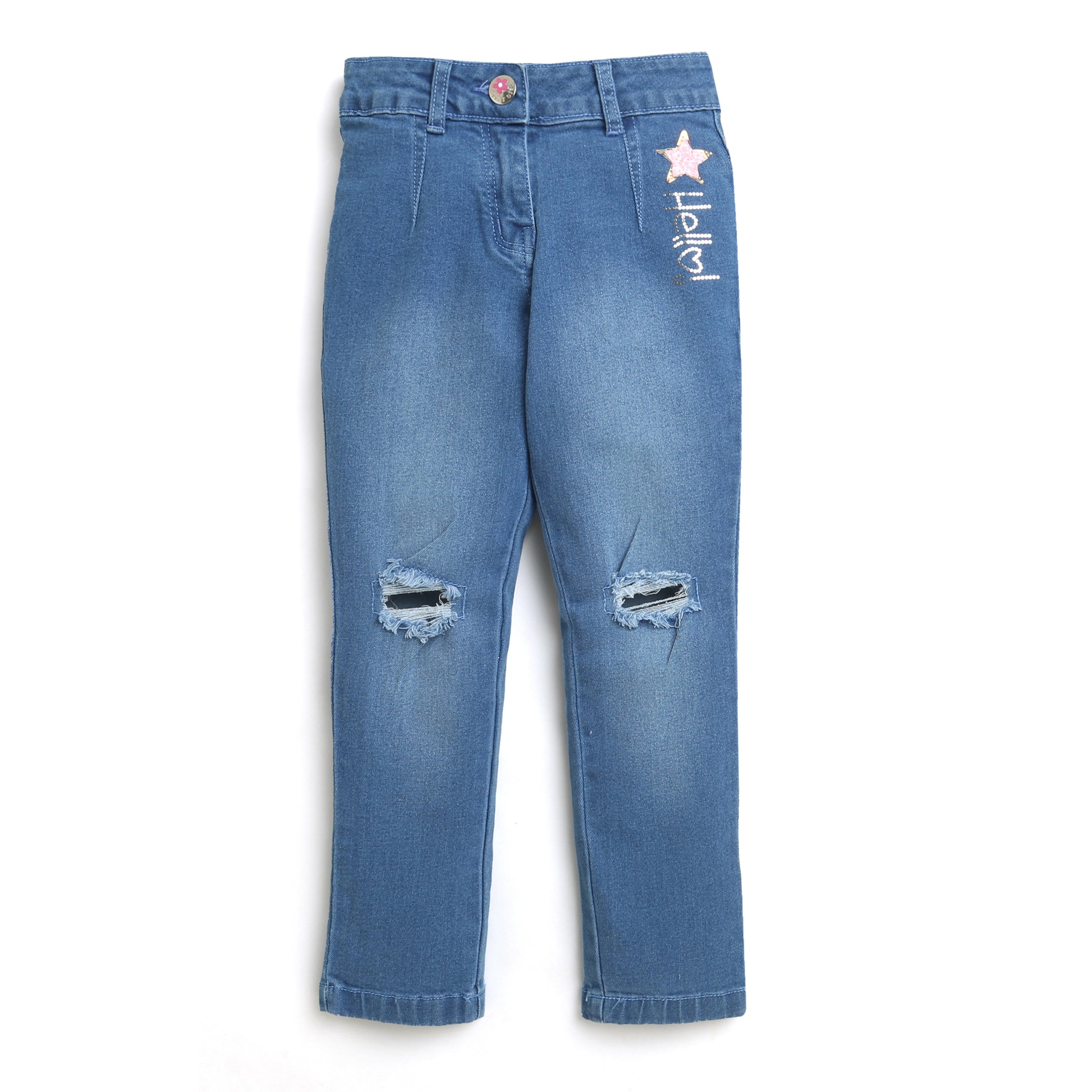 Denim Pant With Stitch Detail And Silver Foil Branding Detail.