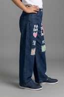 Navy Blue Cute Patchwork Jeans P1535