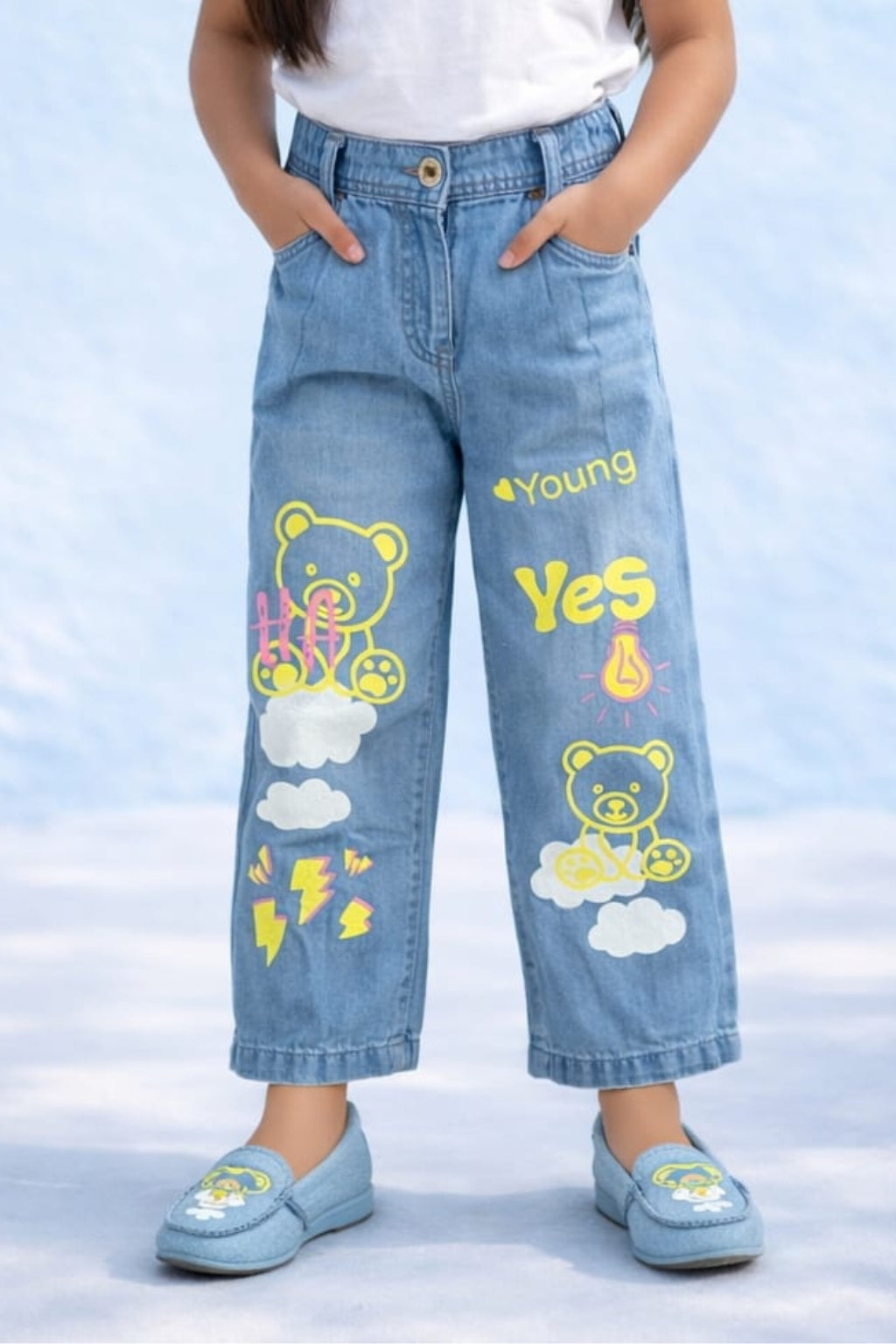 Light Blue Denim Jeans with Neon Teddy Graphic Print P1536