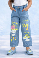 Light Blue Denim Jeans with Neon Teddy Graphic Print P1536