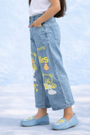 Light Blue Denim Jeans with Neon Teddy Graphic Print P1536