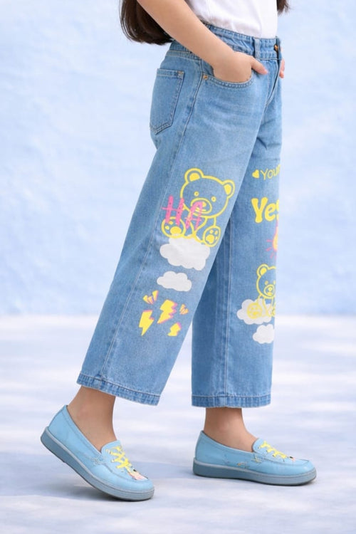 Light Blue Denim Jeans with Neon Teddy Graphic Print P1536