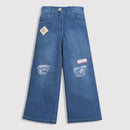 Girls Blue Wide Leg Printed Denim Jeans