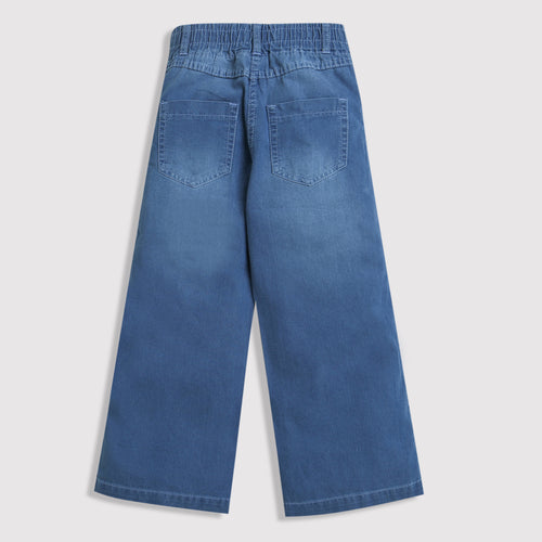 Blue Wide Leg Printed Denim Jeans P1538