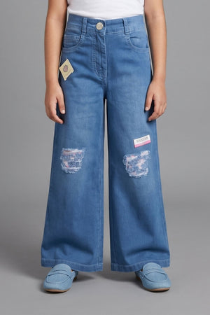Blue Wide Leg Printed Denim Jeans P1538