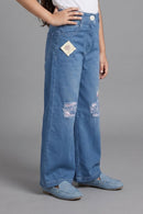 Blue Wide Leg Printed Denim Jeans P1538