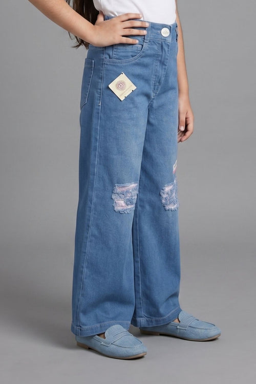 Blue Wide Leg Printed Denim Jeans P1538