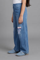 Blue Wide Leg Printed Denim Jeans P1538