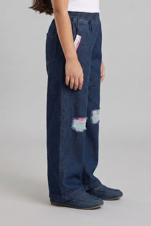 Dark Blue Relaxed Fit Ripped Jeans P1539