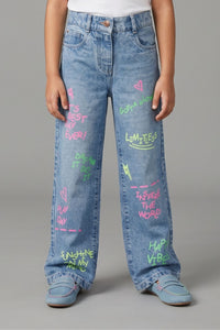 Light Blue Happy Vibes Statement Denim Pant P1551
