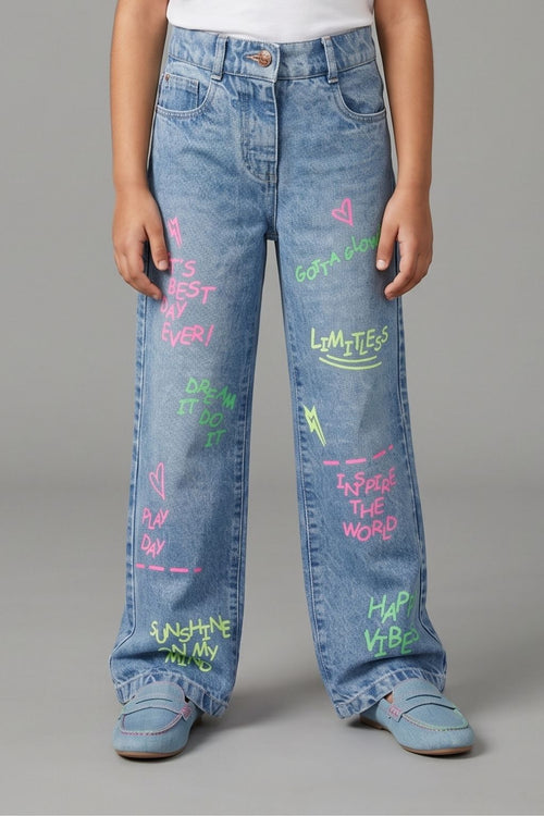 Light Blue Happy Vibes Statement Denim Pant P1551