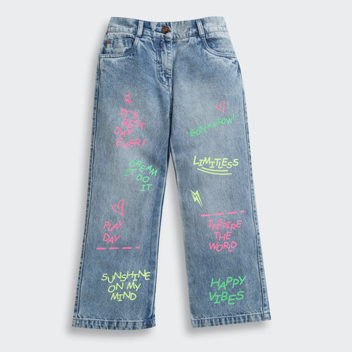 Light Blue Happy Vibes Statement Denim Pant P1551