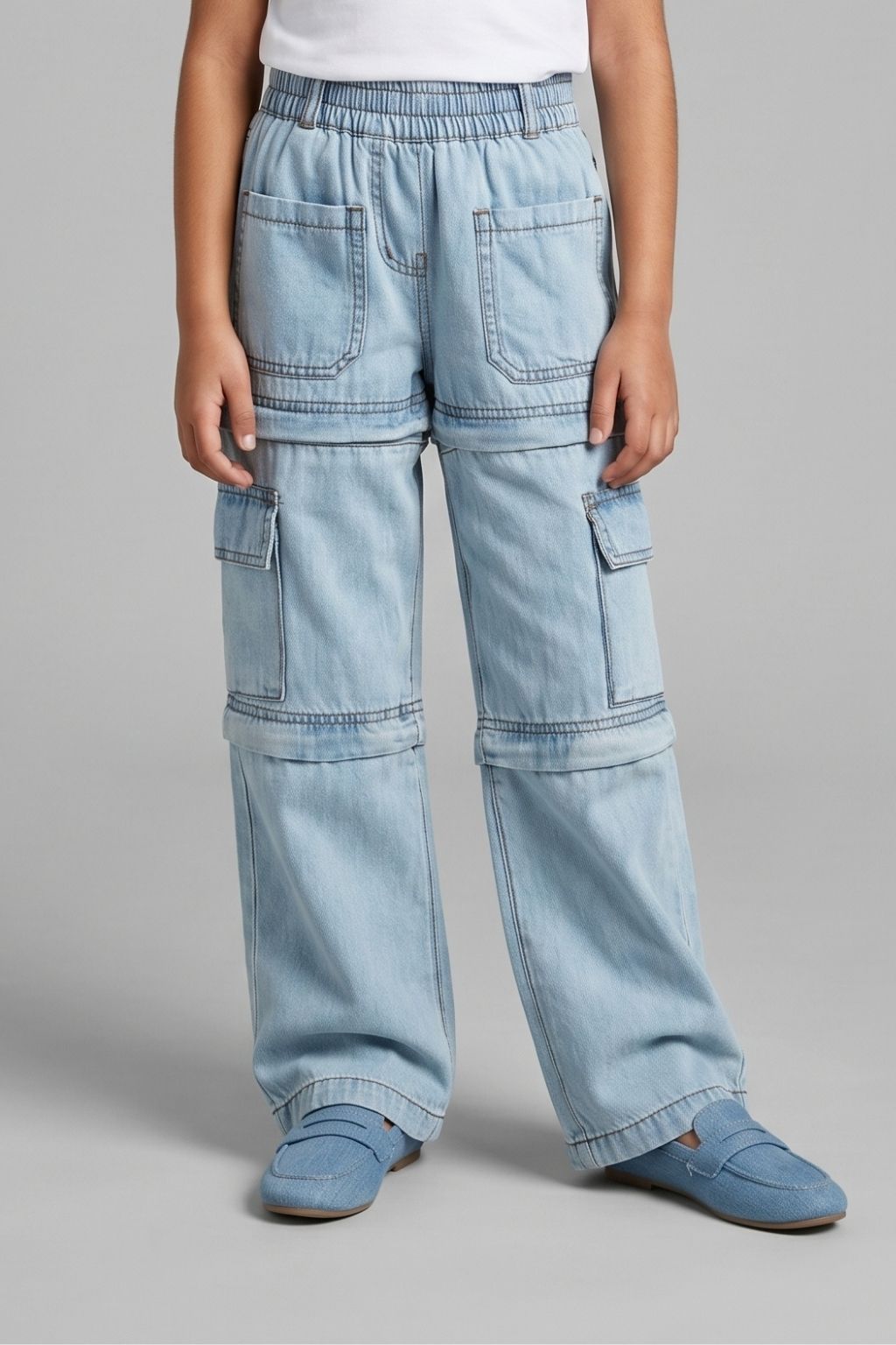 Light Blue Cargo Style Wide Leg Denim Jeans P1556