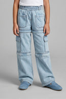 Light Blue Cargo Style Wide Leg Denim Jeans P1556