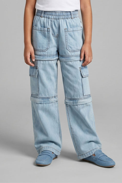 Light Blue Cargo Style Wide Leg Denim Jeans P1556