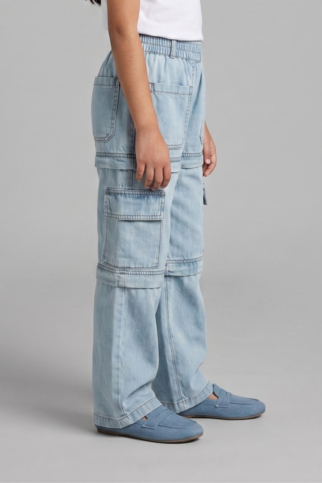 Light Blue Cargo Style Wide Leg Denim Jeans P1556