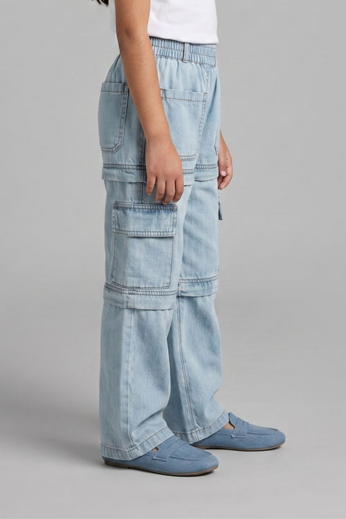 Light Blue Cargo Style Wide Leg Denim Jeans P1556