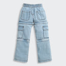 Light Blue Cargo Style Wide Leg Denim Jeans P1556