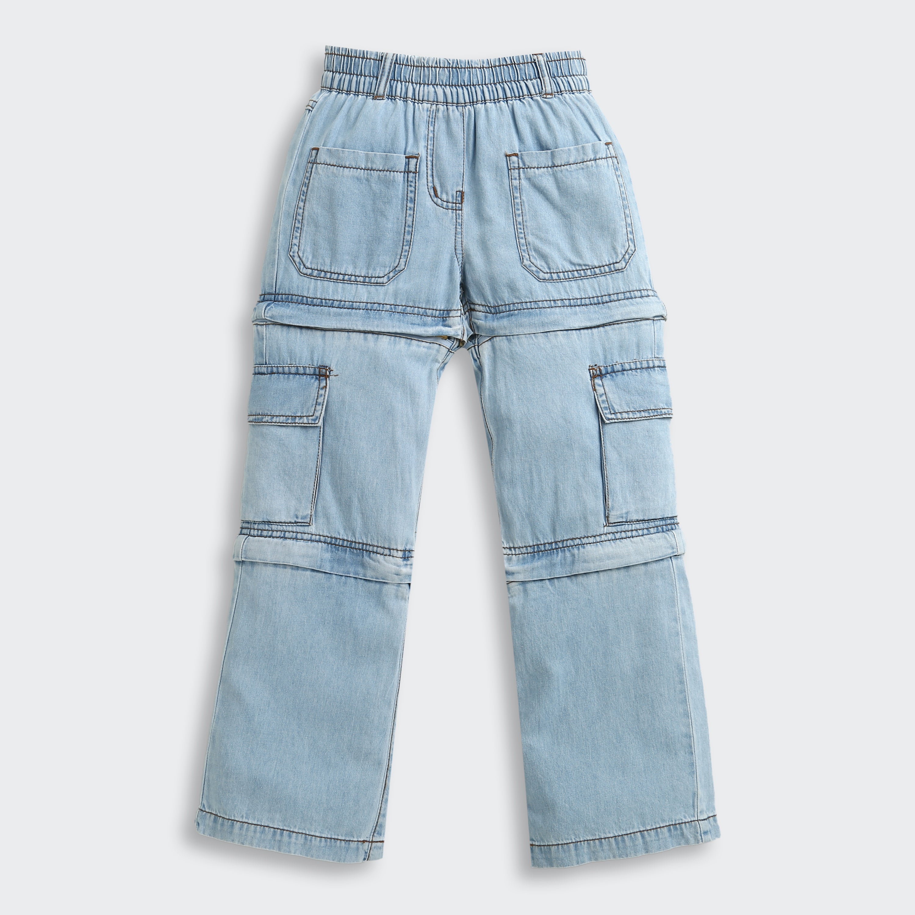 Light Blue Cargo Style Wide Leg Denim Jeans P1556