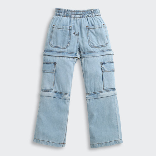 Light Blue Cargo Style Wide Leg Denim Jeans P1556