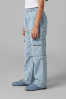 Light Blue Cargo Style Wide Leg Denim Jeans P1556
