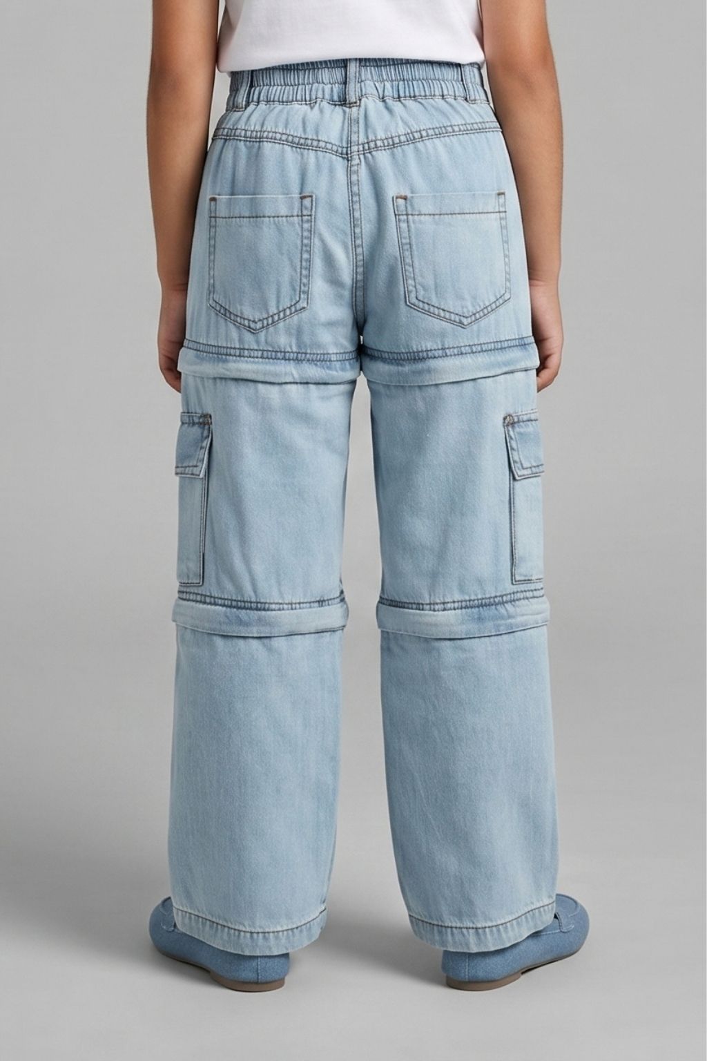 Light Blue Cargo Style Wide Leg Denim Jeans P1556
