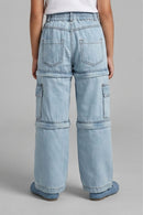 Light Blue Cargo Style Wide Leg Denim Jeans P1556