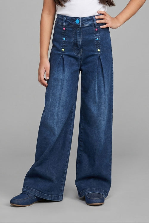 Dark Blue Buttoned Wide Leg Jeans P1578