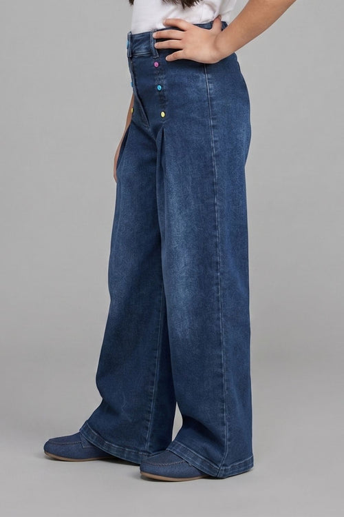 Dark Blue Buttoned Wide Leg Jeans P1578
