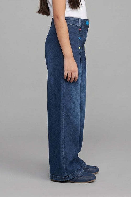 Dark Blue Buttoned Wide Leg Jeans P1578