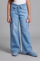 Light Blue Cargo Denim Pants with Folded Waist P1581