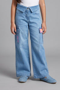 Light Blue Cargo Denim Pants with Folded Waist P1581