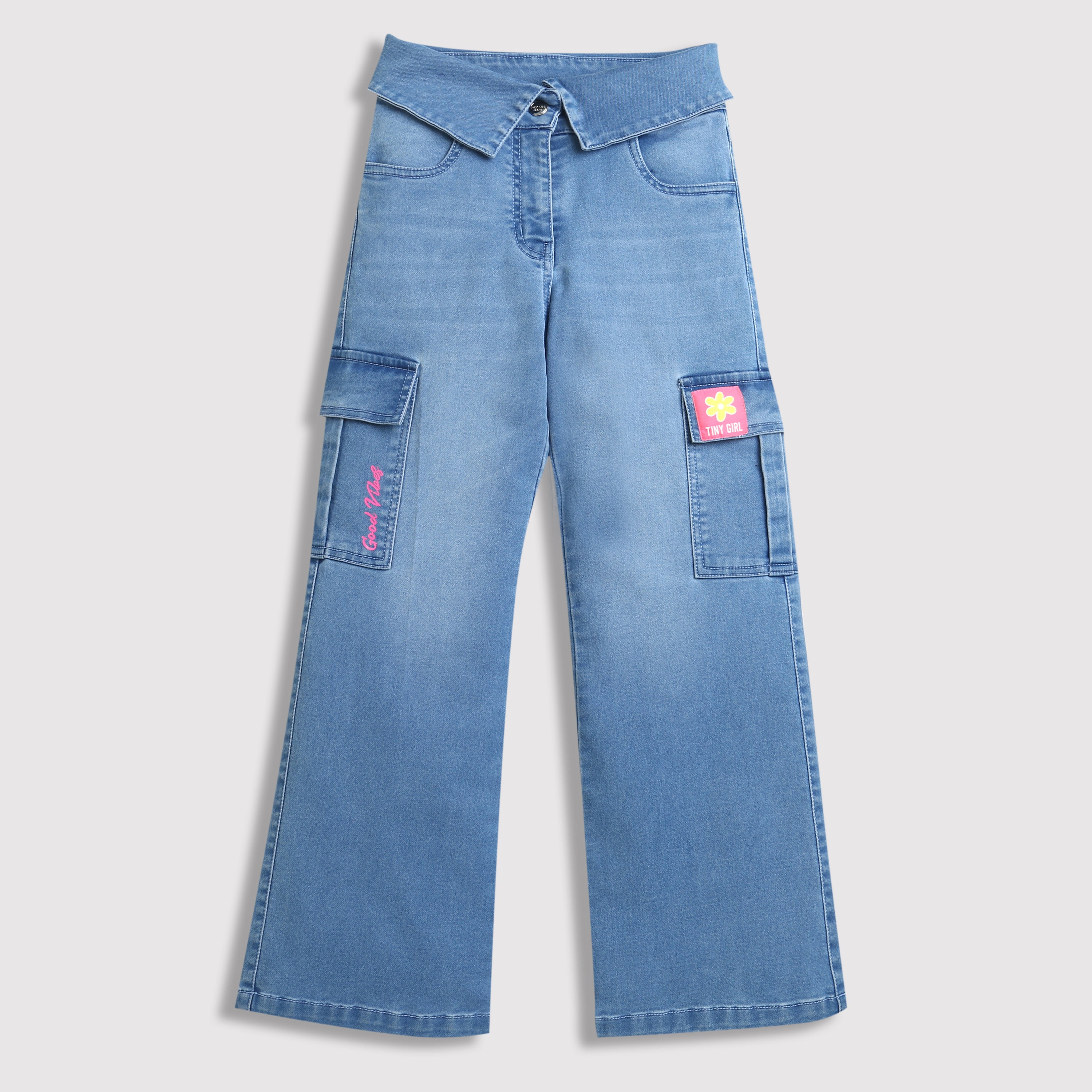 Light Blue Cargo Denim Pants with Folded Waist P1581