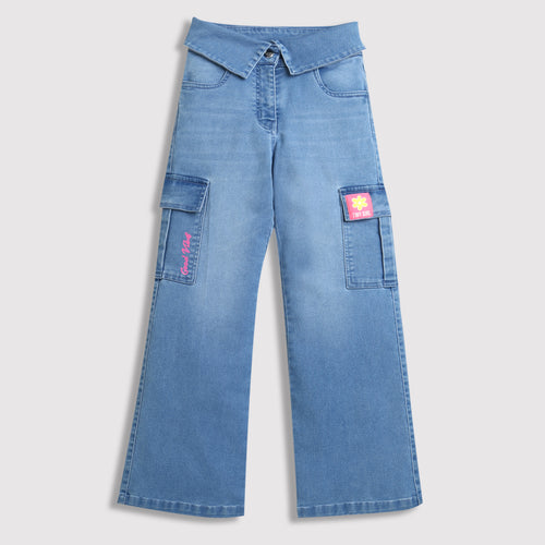 Light Blue Cargo Denim Pants with Folded Waist P1581