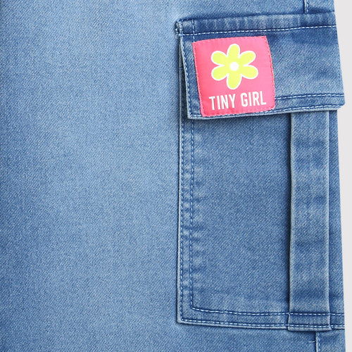 Light Blue Cargo Denim Pants with Folded Waist P1581