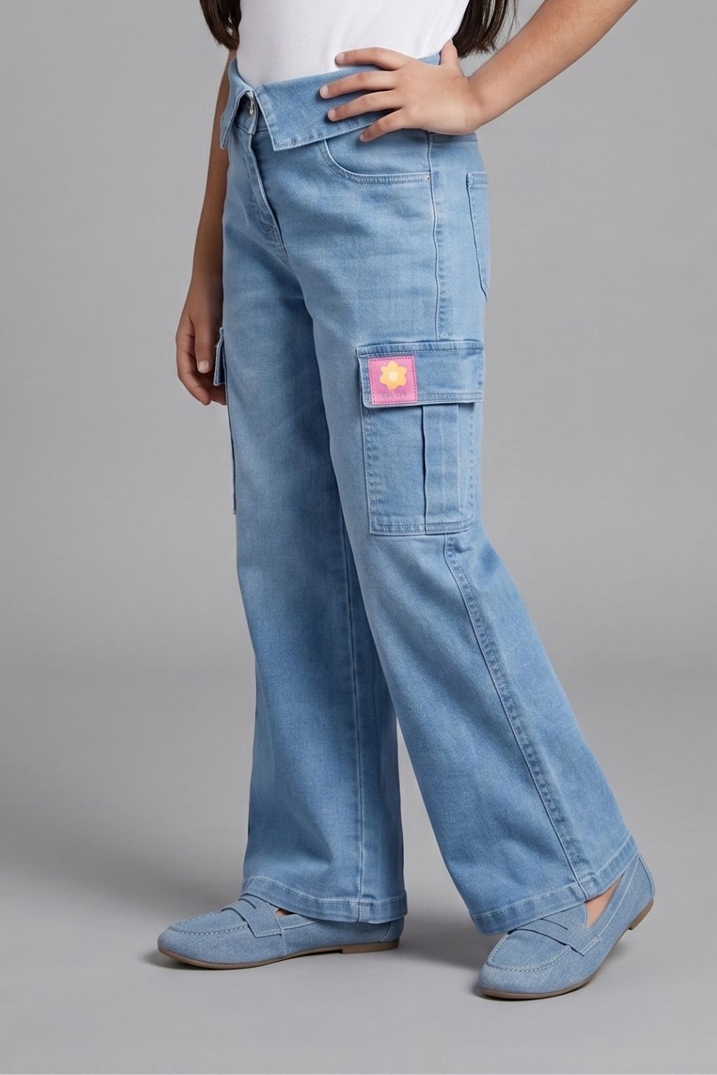 Light Blue Cargo Denim Pants with Folded Waist P1581