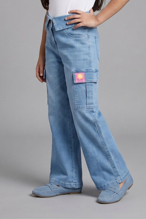 Light Blue Cargo Denim Pants with Folded Waist P1581