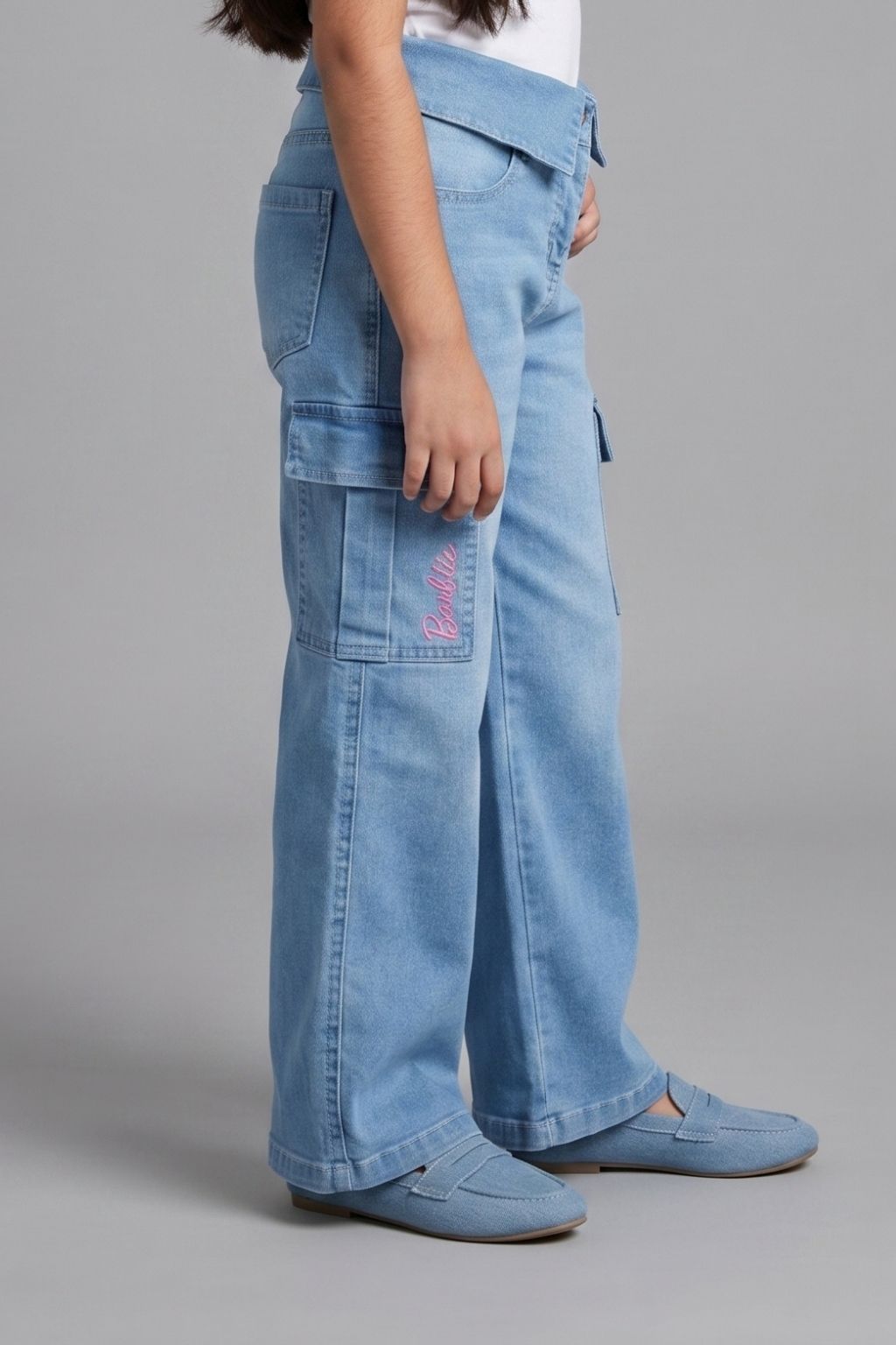 Light Blue Cargo Denim Pants with Folded Waist P1581