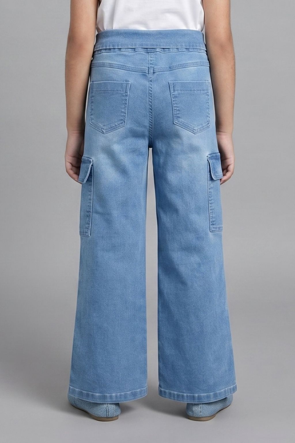 Light Blue Cargo Denim Pants with Folded Waist P1581