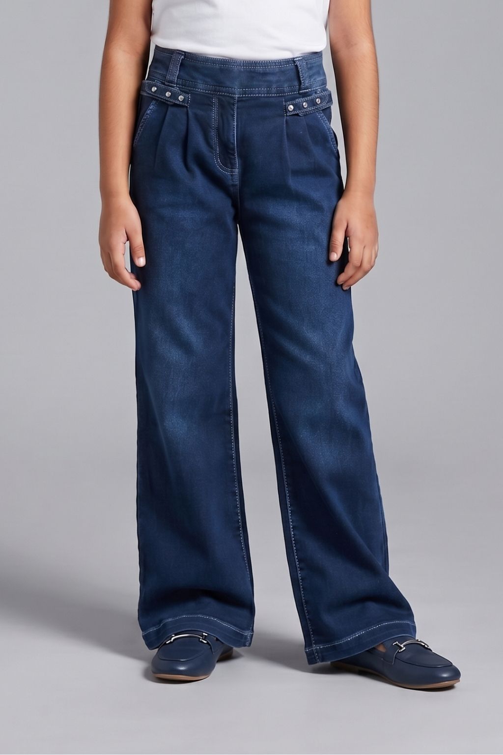 Dark Blue Studded Waist Wide Leg Denim Jeans P1591