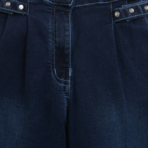 Dark Blue Studded Waist Wide Leg Denim Jeans P1591