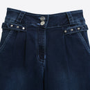 Dark Blue Studded Waist Wide Leg Denim Jeans P1591