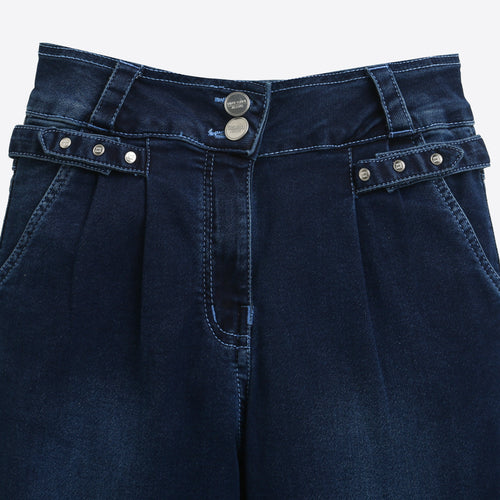Dark Blue Studded Waist Wide Leg Denim Jeans P1591