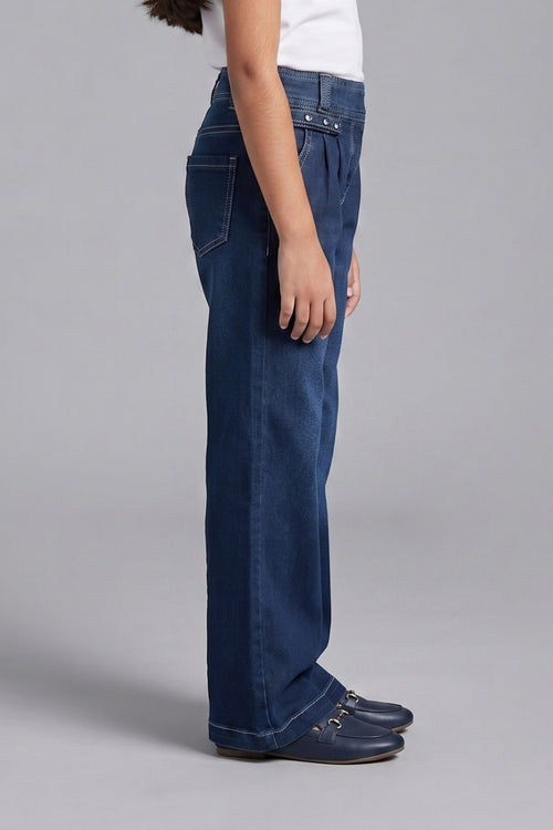Dark Blue Studded Waist Wide Leg Denim Jeans P1591