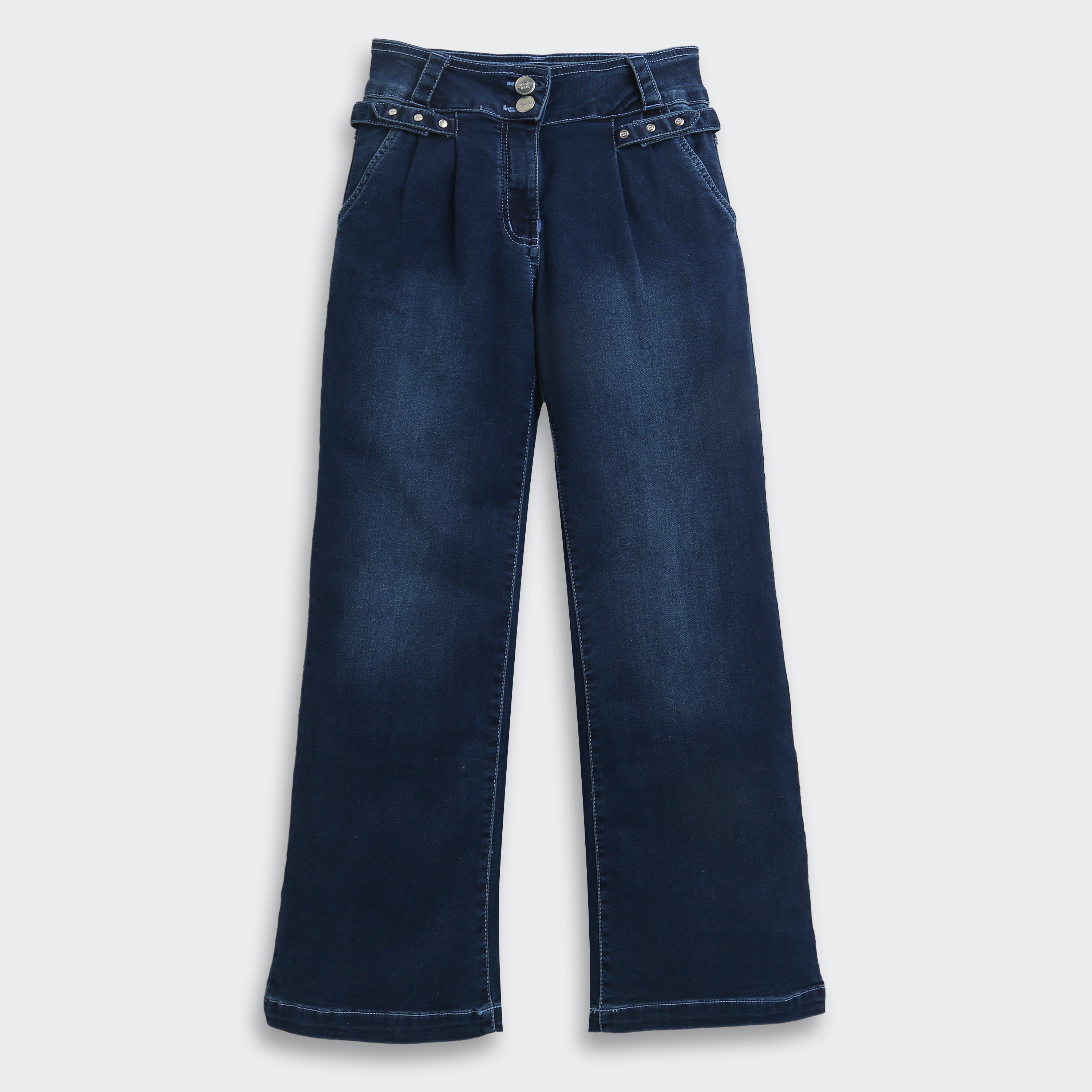 Dark Blue Studded Waist Wide Leg Denim Jeans P1591