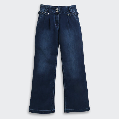 Dark Blue Studded Waist Wide Leg Denim Jeans P1591