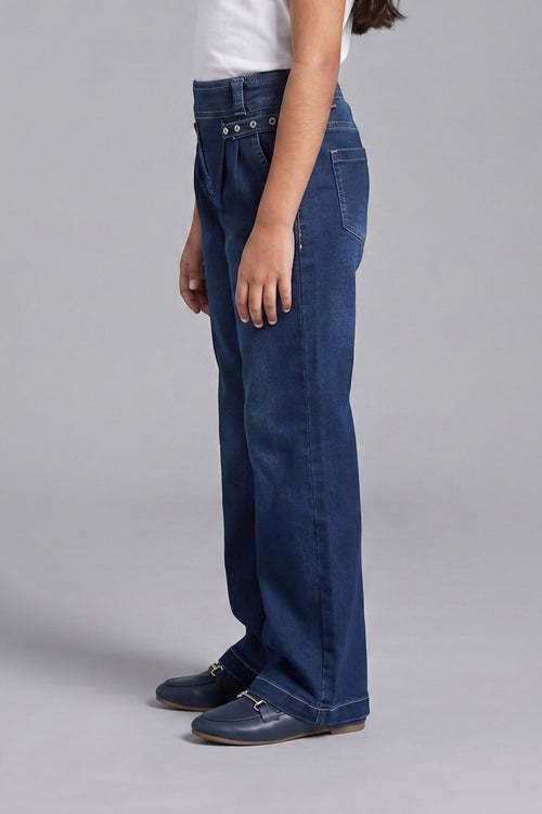 Dark Blue Studded Waist Wide Leg Denim Jeans P1591