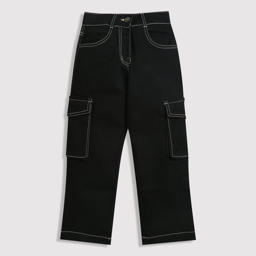 Black Cargo Pants with Contrast Stitching P1596