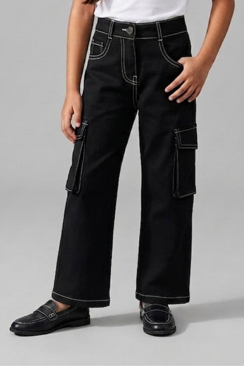 Black Cargo Pants with Contrast Stitching P1596