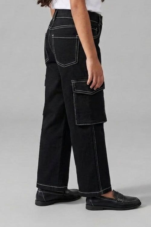 Black Cargo Pants with Contrast Stitching P1596